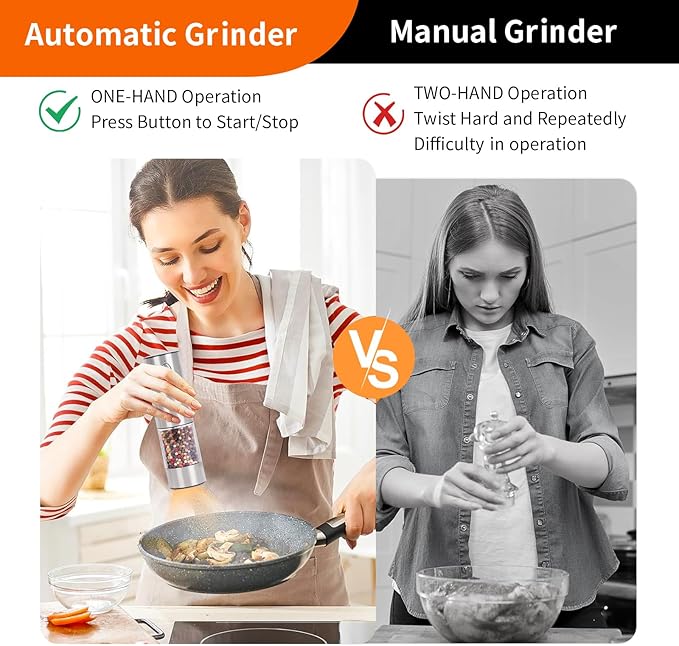 Stainless steel Electric Salt and Pepper Grinder Set,Large Capacity Automatic Pepper Mill Grinder with Upgraded Rechargeable Charge Base and LED Light,Adjustable Coarseness, Easy to clean