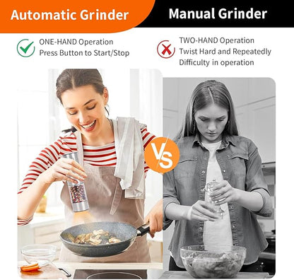 Stainless steel Electric Salt and Pepper Grinder Set,Large Capacity Automatic Pepper Mill Grinder with Upgraded Rechargeable Charge Base and LED Light,Adjustable Coarseness, Easy to clean