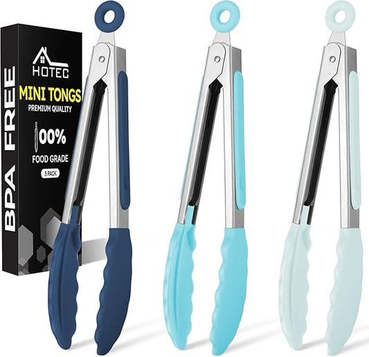 Hotec Mini Silicone Kitchen Tongs for Cooking - 7-Inch Small Serving Tongs with Silicone Tips, Set of 3 (Blue) by Hotec