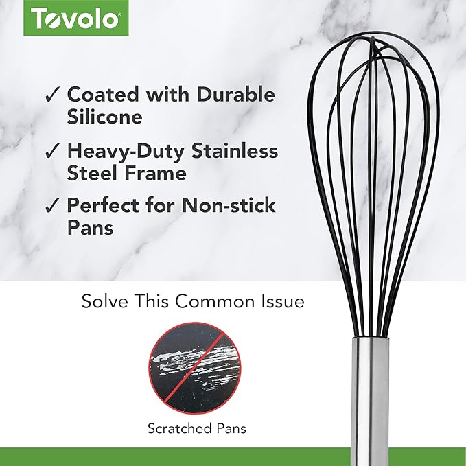 Tovolo Mini Whisk Stainless Steel 6 Inch Tiny Whipper Silicone Whisker for Cooking Blending Mixing Stirring Whisking Egg Beating, Easy to Clean Dishwasher Safe Small Kitchen Mini Metal Whisk, Black
