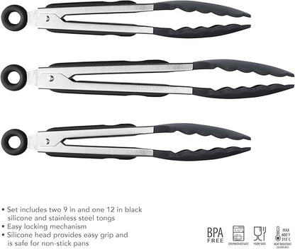 Tovolo Stainless Steel Tongs with Silicone Tips 9” 9” 12 Inch Black Heat Resistant Kitchen Tongs for Cooking Grilling Air Fryer, Stainless Steel Dishwasher Safe Metal Tongs BPA Free Set of 3