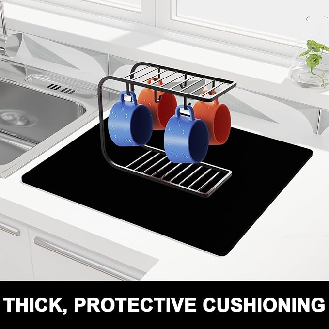 Rnivvi Dish Drying Mat, 16x18" Absorbent Drying Mat for Kitchen Counter, Cute Heat Resistant Dish Drying Pad Anti-Slip Dish Mat Drying Kitchen Mat, Dish Rack Mats for Bar Counter, Jet Black - Image 2