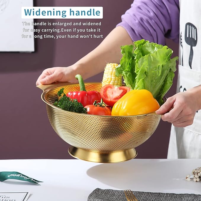 Kyraton Gold Colander 5 Quart, Professional Titanium Gold Plating Stainless Steel Strainer with Heavy Duty Handles and Self Draining Solid Ring Base, Easy Clean and Dishwasher Safe
