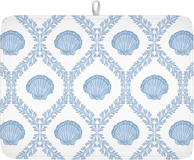 Summer Sea Shell Drying Mat 24x18 Inch, Light Blue Drying Mat with Absorbent Reversible Microfiber, Coastal Dish Drainer Mats Holiday Ocean Rack Pad for Coffee Countertop Kitchen Protector