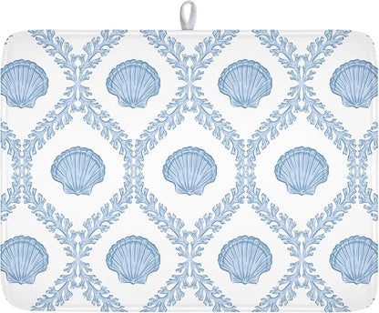 Summer Sea Shell Drying Mat 24x18 Inch, Light Blue Drying Mat with Absorbent Reversible Microfiber, Coastal Dish Drainer Mats Holiday Ocean Rack Pad for Coffee Countertop Kitchen Protector