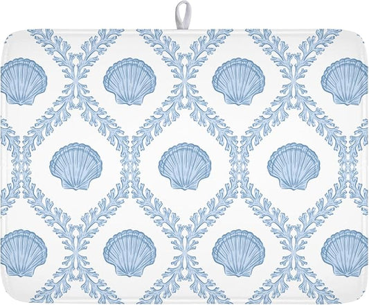Summer Sea Shell Drying Mat 24x18 Inch, Light Blue Drying Mat with Absorbent Reversible Microfiber, Coastal Dish Drainer Mats Holiday Ocean Rack Pad for Coffee Countertop Kitchen Protector