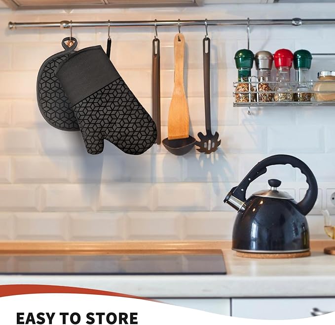 Oven Mitts and Pot Holders,500 ℉ Heat Resistant Oven Mitts Sets,Silicone Oven Gloves, Non-Slip Silicone Textured Grip,Black - Image 6
