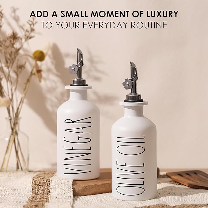 HOMCDALY Premium Olive Oil Dispenser for Kitchen, 11.8oz Glass Oil Bottles with Bamboo Tray, White Oil&Vinegar Cruet Set, Kitchen Dispenser Bottles with Pourer| Set of 2 (11.8oz –P–White) - Image 3