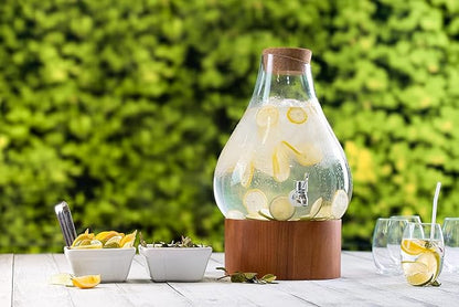 Classic Home Teardrop Clear Glass Ice Cold Beverage Drink Dispenser- 2.75 Gallon, With Cork Lid & Modern Wood Base Leak Proof Spigot- Wide Mouth Easy Filling For Outdoor, Parties & Daily Use - Image 4