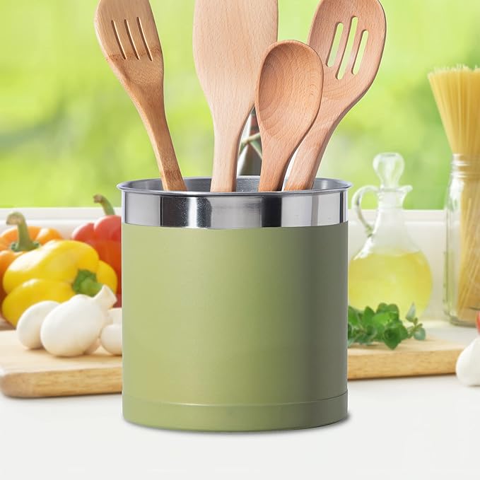 Oggi Stainless Steel Jumbo Utensil Holder - 7" Utensil Caddy, Weighted Base for Stability - Extra Large Utensil Crock and Countertop Utensil Organizer, Olive - Image 4