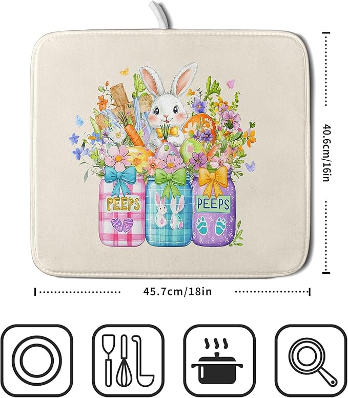 Easter Bunny Carrots Dish Drying Mat for Kitchen Counter,Spring Colorful Flowers Mason Jar Drying Mat 16 x 18 Inch with Absorbent Reversible Microfiber Drying Pad for Coffee Bar - Image 2