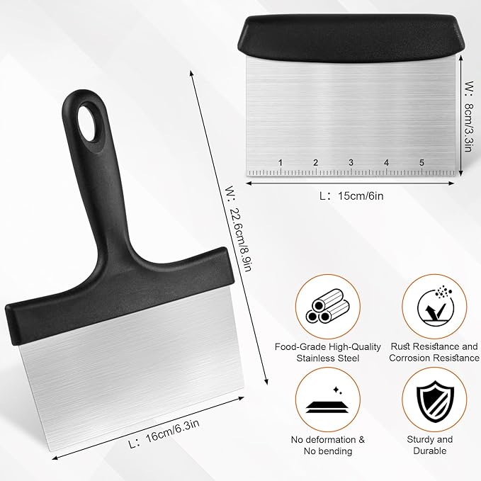 Grill Scraper&Bench Scraper Set，Food Scraper with Handle for Blackstone, Flat Top Grill Cleaning，Premium Stainless Steel Dough Cutter with Measuring Scale for Pastry,Cake,Pizza,Bread,Cooking - Image 2