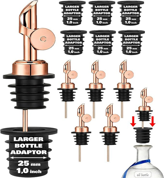 Olive Oil Pour Spout with Adapters, Oils Pourer for Olive Oil Dispenser Bottle, Easily Turn Your Bottles into Dispensers for Liquor,Oils,Bottle Pourers (Rose gold, 6 Pack Pour +Adapters)