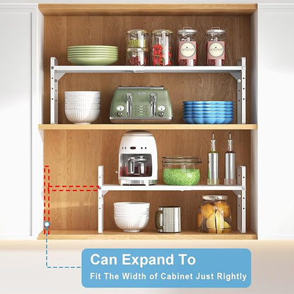 Set of 2 Expandable Cabinet Shelf Organizer, Stackable Kitchen Countertop Shelves Spice Racks, Small Storage Shelf For Cupboard Counter Tabletop, 30 LBS Heavy Duty, Adjustable, 13.8" to 21.6" Long - Image 5