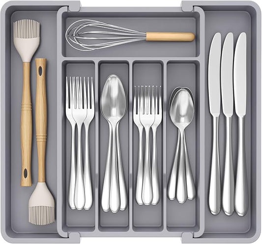 Lifewit Silverware Drawer Organizer, Expandable Utensil Tray for Kitchen, BPA Free Flatware and Cutlery Holder, Adjustable Plastic Storage for Spoons Forks Knives, 8.5-14 x 12", Gray by Lifewit