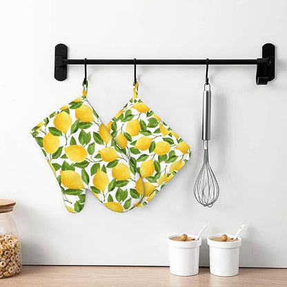 Lemon Oven Mitts and Pot Holders Sets of 4,Resistant Hot Pads with Silicone Non-Slip BBQ Gloves for Kitchen,Cooking,Baking,Grilling