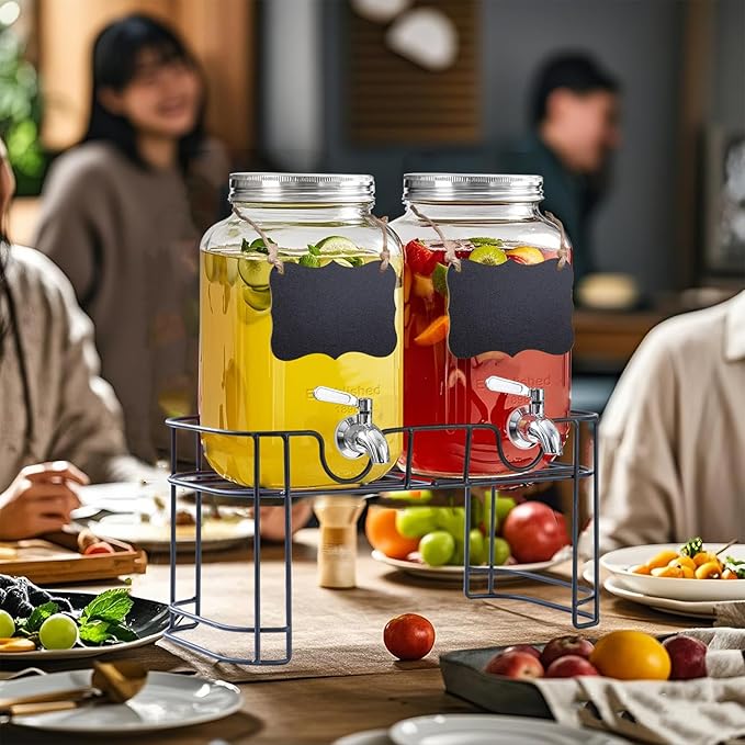 1 Gallon Glass Drink Dispenser with Stand,2 Pack Glass Beverage Dispenser with Stainless Steel Spigot,Water Lemonade Dispenser for Parties - Image 6