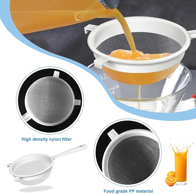 4 Pcs Plastic Nylon Fine Mesh Kefir Strainer Set with Handle, Sieve Fine Mesh Colander Flour Sifter for Yogurt Baking Kitchen Kefir Tea Juice Pasta