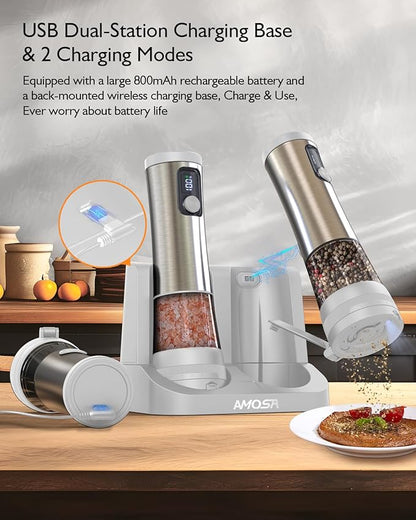 Electric Salt and Pepper Grinder Set, Upgraded 2-Speed Setting, External 5 Adjustable Coarseness, Battery Display Rechargeable Base, Stainless Steel Automatic Salt & Pepper Shaker Mill with LED, White - Image 5