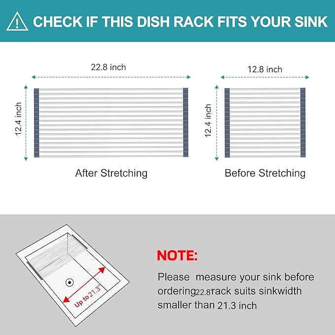 BBXTYLY Extra Large Expandable Roll Up Dish Drying Rack,Over The Sink Drying Rack Sink Cover Kitchen Sink Accessories Kitchen Rolling up Stainless Steel Drainer, Foldable,Rollable（Gray，25.1''-12.4''） - Image 2