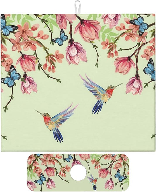 Bird Floral Flowers Dish Drying Mat for Kitchen Counter, 16"x18" Microfiber Absorbent Fast Dry Mat, 2Pcs Dish Mat Faucet Mats Sets, Large Drying Kitchen Mat Kitchen Drying Pad Coffee Bar Decor Gifts