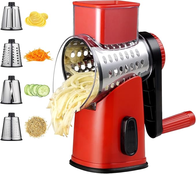 Rotary Cheese Grater with 4 Blades, Hand Crank Cheese Grater with Waffle Slicer, Red, Black and White Cheese Shredder with Suction Base, Easier for Shredding & Grating (Red)