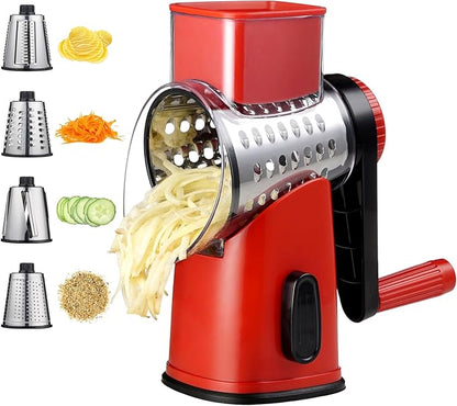 Rotary Cheese Grater with 4 Blades, Hand Crank Cheese Grater with Waffle Slicer, Red, Black and White Cheese Shredder with Suction Base, Easier for Shredding & Grating (Red)