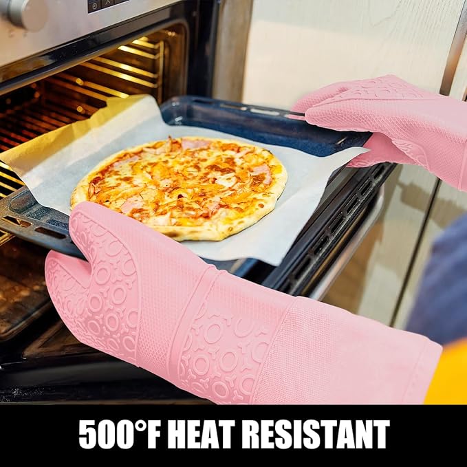 Rorecay 6pcs Oven Mitts and Pot Holders Sets for Kitchen, Extra Long Non-Slip Silicone Oven Gloves Heat Resistant 500 Degrees Potholders Hot Pads for Baking Cooking, Quilted Liner, Pink - Image 4