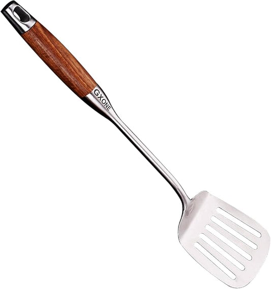 Metal Spatula,304 Stainless Steel Wok Spatula with Heat Resistant Wooden Handle,Silver/15.7Inch by GXONEHomeKitchen