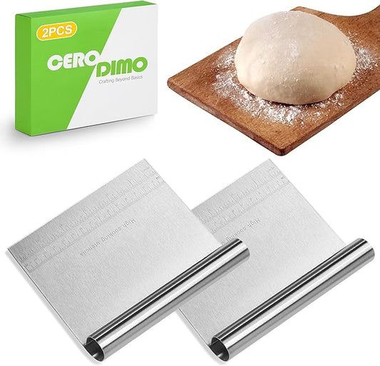 2 Pack Stainless Steel Dough Scraper Set with Measuring Marks for Baking and Pastry Cutting - Bench Scraper and Pastry Knife for Bread Dough and Kitchen Use