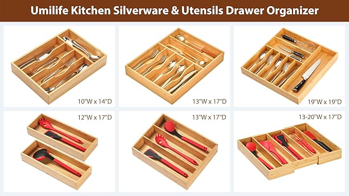 Umilife Bamboo Kitchen Drawer Organizer, 7 Inch Silverware Utensils Tray Holder for Small Drawer, Wood Caddy for Flatware Cutlery Knives - Image 6