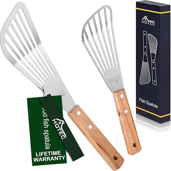 HOTEC 2pcs Stainless Steel Wooden Handle Fish Spatula, Metal Spatula Flipping Foods