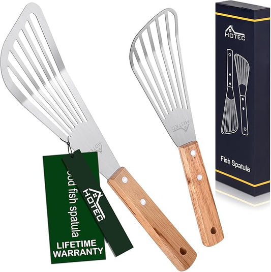 HOTEC 2pcs Stainless Steel Wooden Handle Fish Spatula, Metal Spatula Flipping Foods