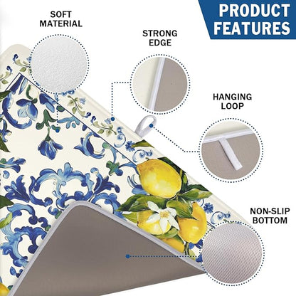 Lemon Dish Drying Mat 24x18 Inch, Blue Tiles Drying Mat with Absorbent Reversible Microfiber, Italian Olive Tree Dish Drainer Mats Summer Rack Pad for Coffee Countertop Kitchen Protector