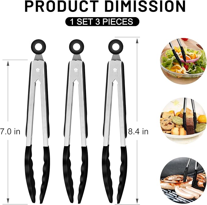 Hotec Mini Silicone Kitchen Tongs for Cooking - 7-Inch Small Serving Tongs with Silicone Tips, Set of 3 (Black) - Image 2