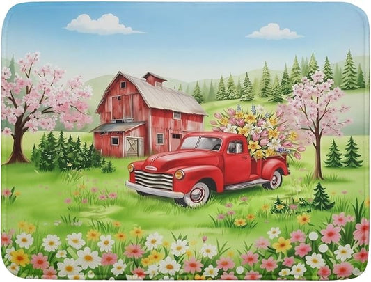 Spring Dish Drying Mat for Kitchen Counter Red Truck Flowers Microfiber Absorbent Dish Draining Reusable Washable Foldable Extra Large 18"x24" by Unknown