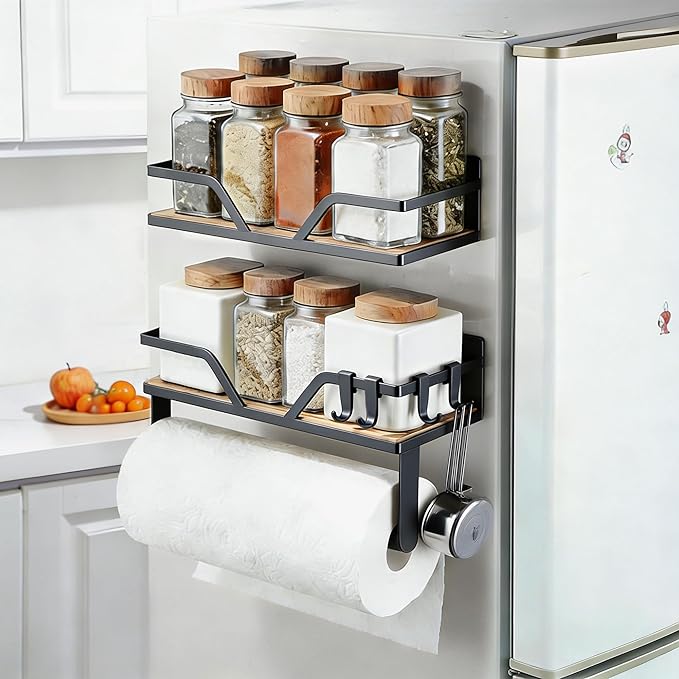 SUNTECH Magnetic Paper Towel Holder with Shelf, 2 Pack Kitchen Roll Holder with 4 Hooks, Farmhouse Spice Rack Organizer Strong Magnets for Fridge, Grill, Black by Suntech