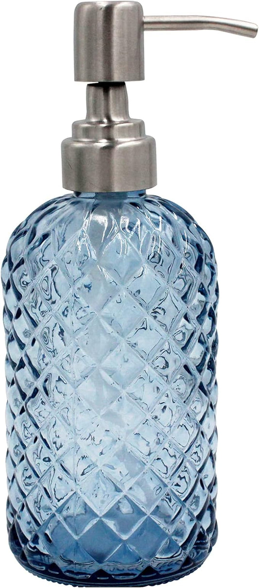 16 oz Diamond Pattern Glass Soap Dispenser, Kitchen and Bathroom Refillable Soap Dispenser with Rust Resistant Stainless Steel Pump for Hand Soap, Lotion Glass Liquid Dispenser (Blue) by SDlumeiy