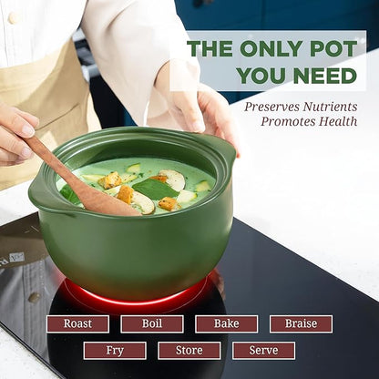 MINH LONG 3-Qt Porcelain Dutch Oven with Lid – Lead & Cadmium Free, Oven Safe to 482°F, Heat Retention, Clay Pot for Cooking on Gas & Infrared Cooktop, Use to Marinate, Cook, Bake, Refrigerate & Serve