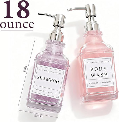 Glass Soap Dispenser with Pump,Tray,Funnel, Countertop Soap and Lotion Dispenser Set of 2 with 60 Stickers, Dish and Hand Soap Dispenser Bottle for Kitchen,Bathroom,Shower, 500ml/16.9oz