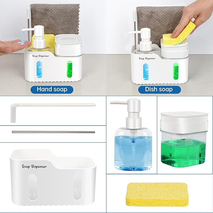 Hand Soap and Dish Soap Dispenser Set for Kitchen, Dual Soap Dispenser with Sponge Holder and Dishcloth Holder 4-in-1 Organizer for Kitchen Sink Countertop, Useful Kitchen Gadgets (White) - Image 3