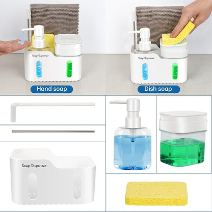 Hand Soap and Dish Soap Dispenser Set for Kitchen, Dual Soap Dispenser with Sponge Holder and Dishcloth Holder 4-in-1 Organizer for Kitchen Sink Countertop, Useful Kitchen Gadgets (White) - Image 3
