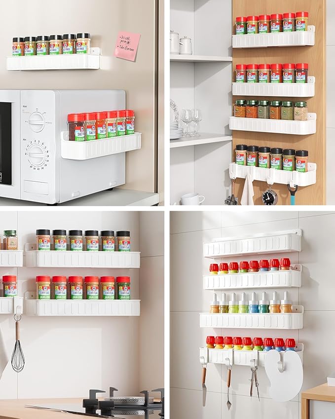 Nieifi Spice Rack Wall Mount, Spice Organizer for Spice Jars, Screw or Adhesive Hanging Organizer for Kitchen Cabinet or Pantry Door, 4 Pack, White, ABS Plastic - Image 8