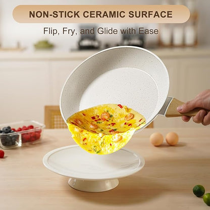 EWFEN 25 Pcs Pots and Pans Set, Nonstick Ceramic Cookware Sets, Healthy Non-Toxic, Large Capacity, Induction Compatible, Cooking Set with Frying Pans & Saucepans, PFAS/PTFE/PFOA Free, Cream White - Image 5