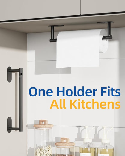 RUACQ Paper Towel Holder Under Cabinet, Wall Mounted or Adhesive Stainless Steel Paper Towel Holder,Round Base Paper Towel Rack for Kitchen, RV, Bathroom (Matte Black)