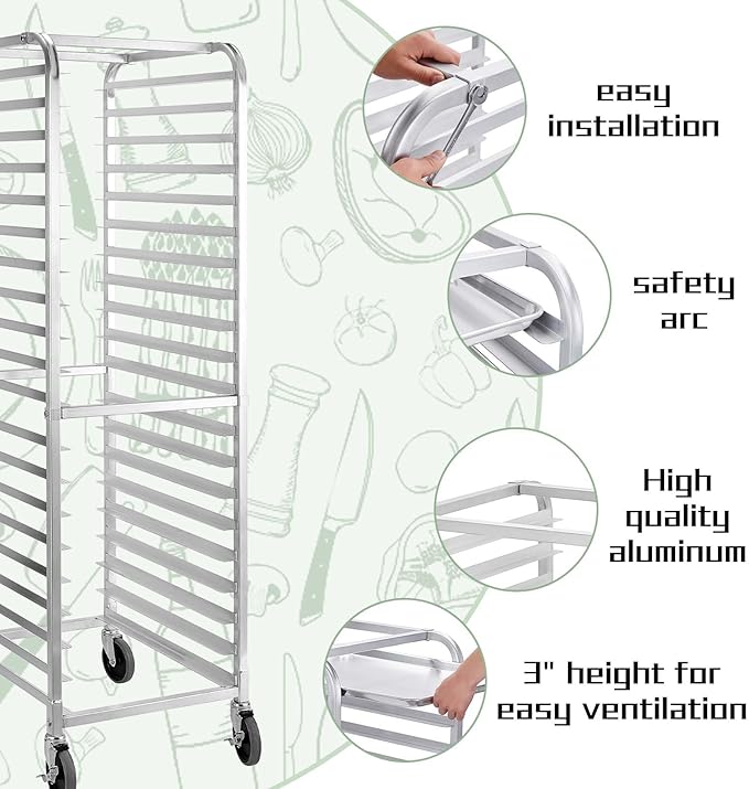 HALLY SINKS & TABLES H Bun Pan Rack 20 Tier with Wheels, Commercial Bakery Racking of Aluminum for Full & Half Sheet - Kitchen, Restaurant, Cafeteria, Pizzeria, Hotel and Home, 26" L x 20" W x 69" H - Image 3