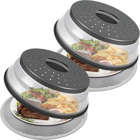 Pack 2, LekDrok Microwave Food Cover with Mat 10 Inch, Mat as Bowl Holder, Cover for Splatter Guard, Collapsible Lid for Plate, Multi-Use Silicone Mat & Kitchen Colander Gadget for Meal Prep, Charcoal by LekDrok