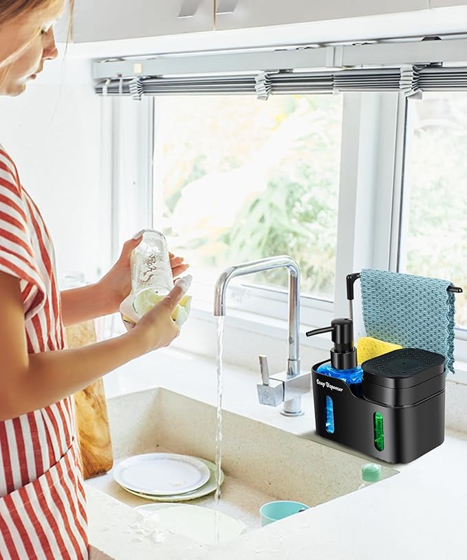 Hand Soap and Dish Soap Dispenser Set for Kitchen, Dual Soap Dispenser with Sponge Holder and Dishcloth Holder 4-in-1 Organizer for Kitchen Sink Countertop, Useful Kitchen Gadgets (Black) - Image 4
