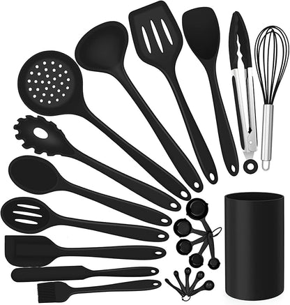 Silicone Kitchen Utensils Set, E-far 23 Pcs Black Cooking Utensils Tools with Holder for Nonstick Cookware, Include Spatula/Spoon/Ladle/Tongs/Turner, Heat Resistant & Nontoxic, Dishwasher Safe by E-far