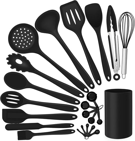 Silicone Kitchen Utensils Set, E-far 23 Pcs Black Cooking Utensils Tools with Holder for Nonstick Cookware, Include Spatula/Spoon/Ladle/Tongs/Turner, Heat Resistant & Nontoxic, Dishwasher Safe by E-far